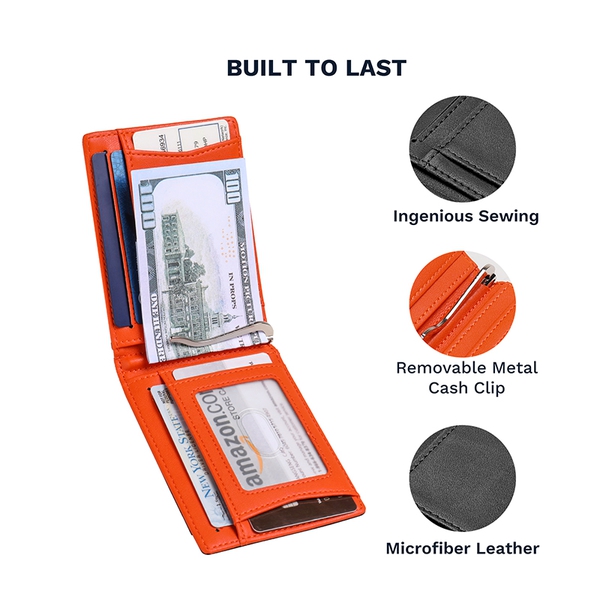 Men's Slim Bifold Wallet With 11 Card Pockets - BLACK ORANGE - 5